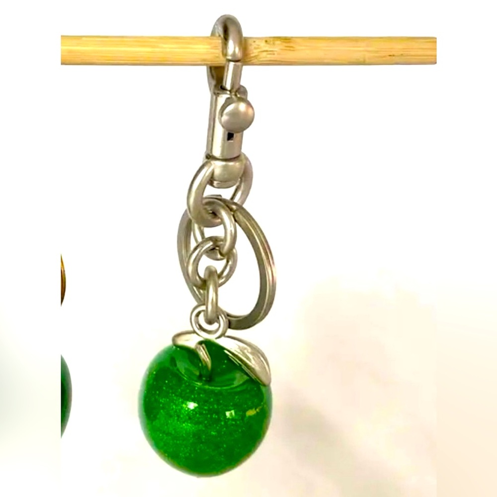 New Green Apple Charm Keychain Silver and Green